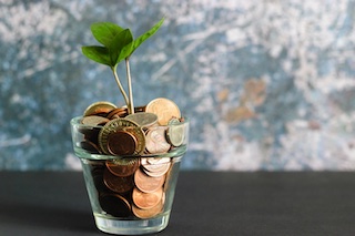 A glass jar full of coins and a small baby plant growing out of it.