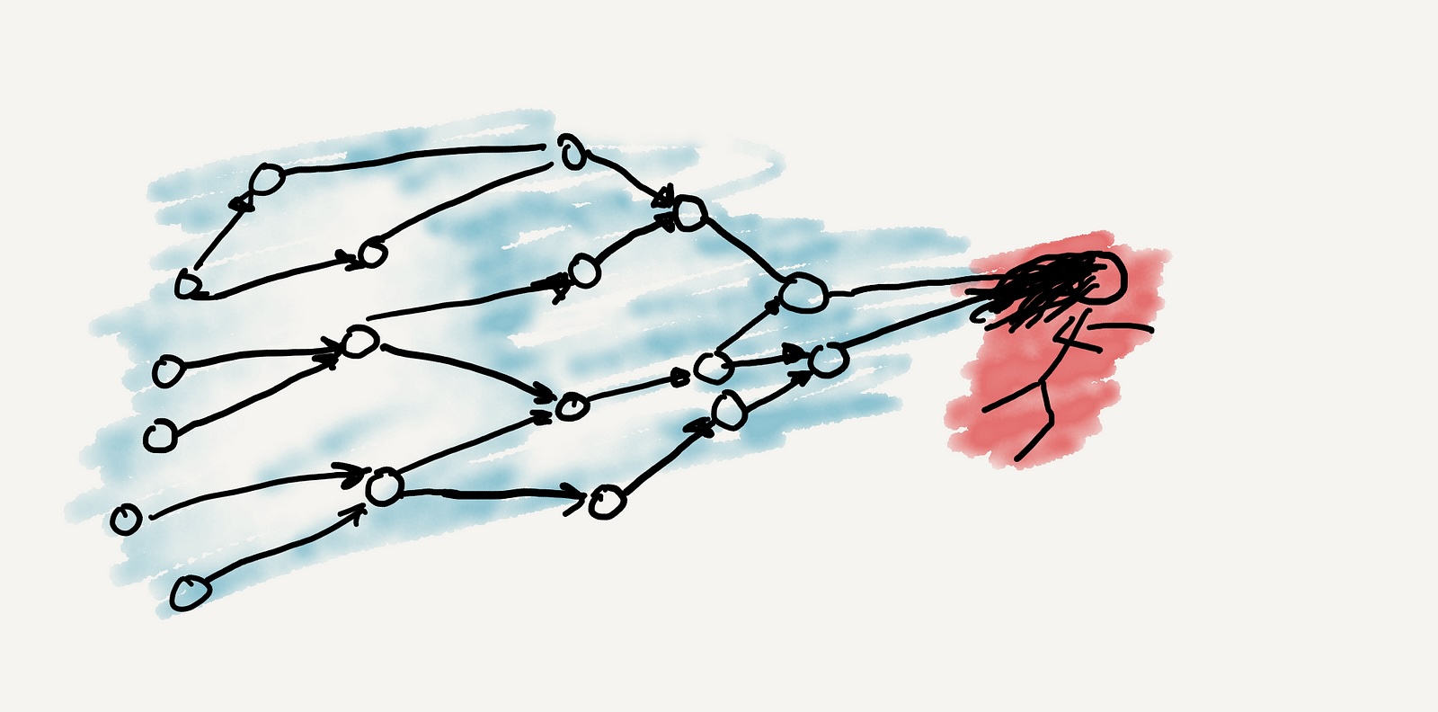 A stick figure with long black hair in a bright red haze running away from a network of nodes and edges in cool blue haze.