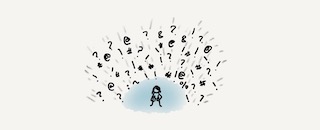 Several punctuation marks flying towards a stick figure protected by a blue orb.