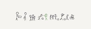A group of stick figures collaborating in various ways, with a green stick figure in the middle (the designer) participating.