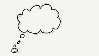 An illustration of a stick figure's thought bubble, with a faded mirror of the bubble in grey.