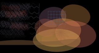 A stack of wavy lines, some more angular waves, a vertical barrier, lots of pastel ellipses, and a brown ground, with a mechanical flower in the middle and some random transparent grid overlaid the ellipses.
