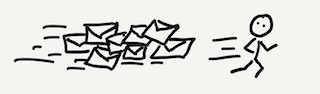 A stick figure person running from a swarm of letters.