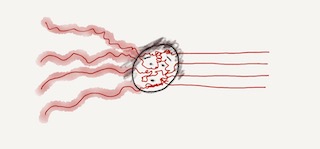 A person being electrocuted by red tendrils, but those tendrils transform into straight lines after passing through.