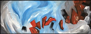 A blue sky with red fragments of digital devices being sucked into a grey cloud.