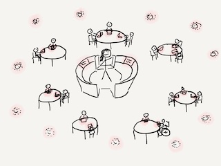 An illustration depicting an instructor in the center of a circular room with glowing red displays, several circular tables with students with glowing red laptops, and several floating faces at the periphery, also glowing red.