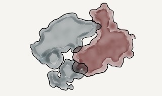 A water color illustration of the Danish geographic silhouette wrestling the Chinese geographic silhouette.