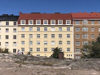 A photograph of colorful housing Helsinki, Finland.
