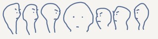 A series of seven stick figure faces, three on each side of the one in the middle looking angry, the middle looking anxious.