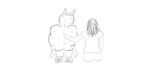 A beast on the left, squatting, and a woman on the right, sitting, with her arm around its back.
