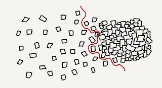 An illustration of hundreds of papers being sorted past a red peer review line.