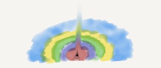 Multiple layers of faded colors surrounding a struggling person, with a smear through the top pointing a way out.