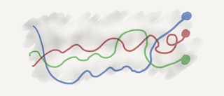 A red, green, and blue thread, squiggly and overlapping, terminating in a point on the right.