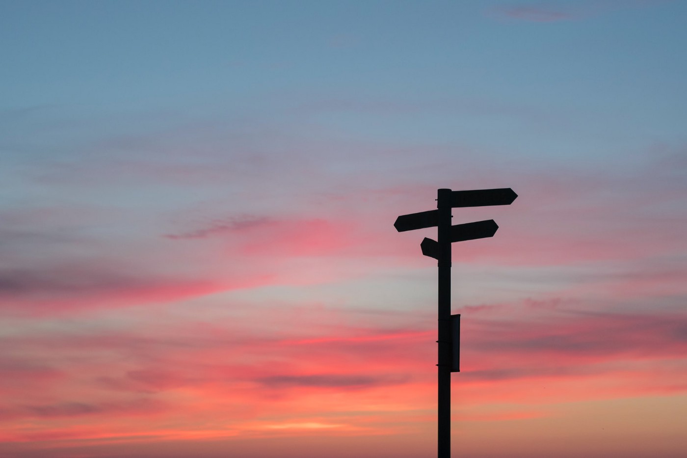 A silhouette of road signs set against a pink, orange, and blue sunset.