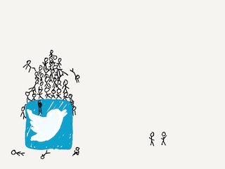 An illustration of a blue Twitter logo with a white bird and several stick figures climbing a top it into a human pyramid, some falling off, and two people on the other side of the illustration having a conversation.