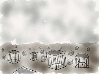 A foggy illustration of a grey sky and a brow field of empty steel cages.