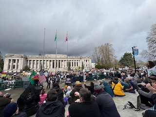 A thousand people sitting on Capitol building steps, and standing in the street, with grey clouds above us all.