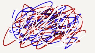 Angry red white and blue squiggles.