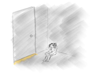 A sad, scared child hiding in a dark room with yellow light shining under the door frame.