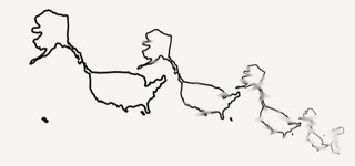 An outline of the U.S. border, repeated to the right four more times, but each time, rotated, smaller, and blurry.