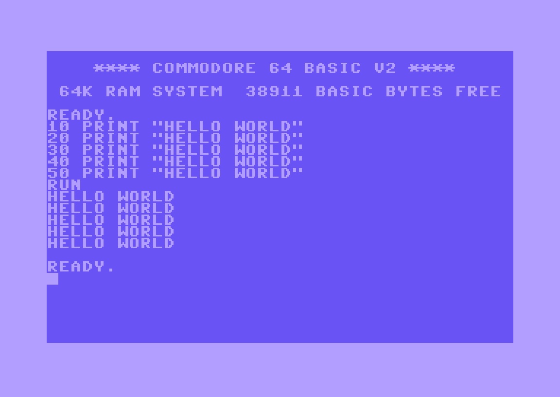 A screenshot of a Commodore 64 program printing hello world.