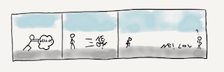 A comic strip of a stick person pushing the world hello to another person, but it collapses, jumbled.