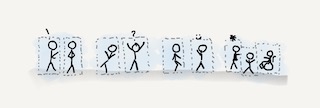 Four groups of stick figures chatting in a hallway, but with dashed grey borders around each person.