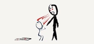 Two stick figures, one tall, angry, and spewing red onto one short, cowering, and afraid, with bloodied paper on the ground.