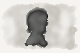 A dark grey human form on a light grey watercolor backdrop.