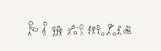 A group of stick figures collaborating in various ways, with a green stick figure in the middle (the designer) participating.