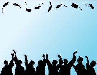 Stock photo of silhouettes of graduates throwing their caps up.