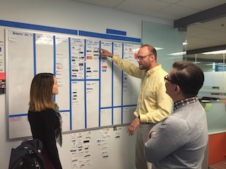 A staged photograph of the team at AnswerDash making a design decision.