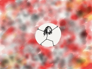 Fuzzy speckles of red, black, and yellow, with a circular cutout in the center, and stick figure Amy pushing against its edits, with an angry, resistant face.
