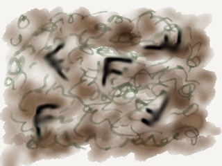 A messy brown overhead view with green tendrils and five capital F's at different orientations strewn about.