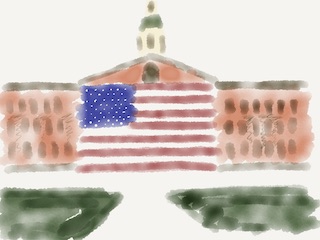 An aibrushed sketch of a university building with an US flag embedded in its center.