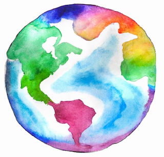A rainbow watercolor planet earth.