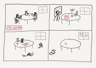A four panel strip. Top left: stick figures and virtual attendees all on computers. Top right: Collaboration at a table. Bottom left: independent activities. Bottom right: Out in the world as seen through the window.