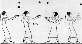 An ancient illustration of jugglers.