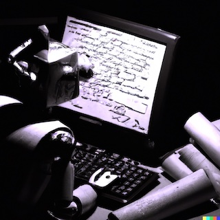 A robot working on a computer writing something sloppily