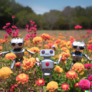 Three child-like humanoid robots frolicking in a field of grass and bright flowers