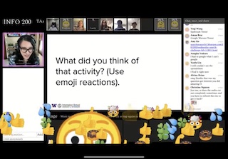 A screenshot of Ohyay showing Amy, a slide that says 'What did you think of that activity? (Use emoji reactions)', and several floating emoji reactions.