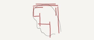 A sad looking illustrated person's head with a rigid angular red frame outlining it's form