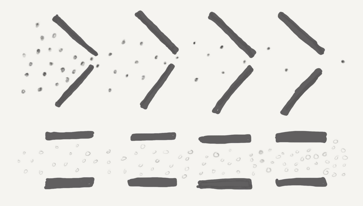 A top row with a series of dots being filtered by narrow funnels, and a bottom row with a series of dots not being filtered.