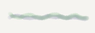 Two wavy horizontal watercolor lines, one purple, one green, woven together.