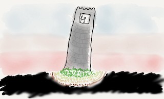 An illustration of a grey slanted tower with a stick figure working in front of a screen in the top. The background fades from blue on the top to red on the bottom; the grass at the foot of the tower fades from green to yellow to brown, to black.