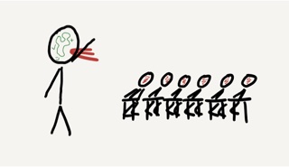 A stick figure teacher with green good intentions in their mind, perceived as oppressive red lines by a row of scared students.