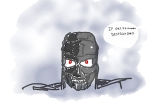 An illustration of a Terminator robot with a thought bubble that says IF OBJ.IS_HUMAN DESTROY OBJ