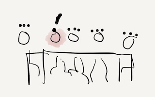 Five stick figures sitting at a stick table, one with a watercolor pink head and exclamation point above their head, the others with ellipses above their heads.