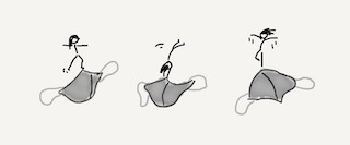 A three stick figures joyfully dancing on three grey face coverings.