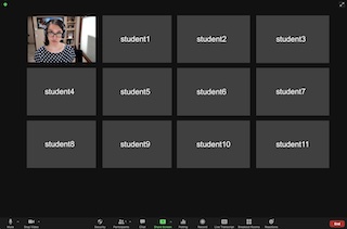 A screen shot of Zoom, showing Amy's screen in the top left and several gray rectangles with student names like 'student1', 'student2', and 'student3'.